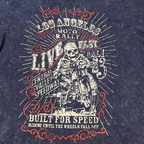 Tranquility Mayhem Mens Shirt Size L Blue Stone Wash moto rally Skull Graphic - Picture 3 of 5